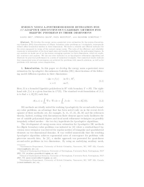 Energy Norm A-Posteriori Error Estimation for hp-Adaptive Discontinuous Galerkin Methods for Elliptic Problems in Three Dimensions Thumbnail