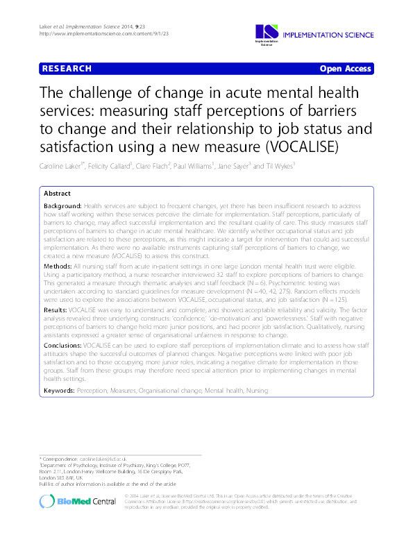 The challenge of change in acute mental health services: measuring staff perceptions of barriers to change and their relationship to job status and satisfaction using a new measure (VOCALISE) Thumbnail