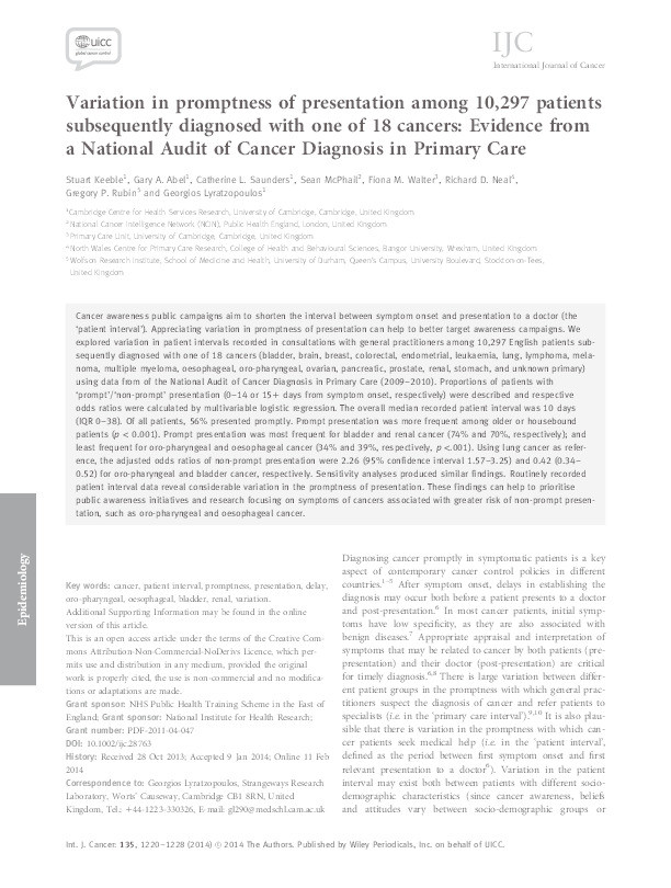 Variation in promptness of presentation among 10,297 patients subsequently diagnosed with one of 18 cancers: Evidence from a National Audit of Cancer Diagnosis in Primary Care Thumbnail