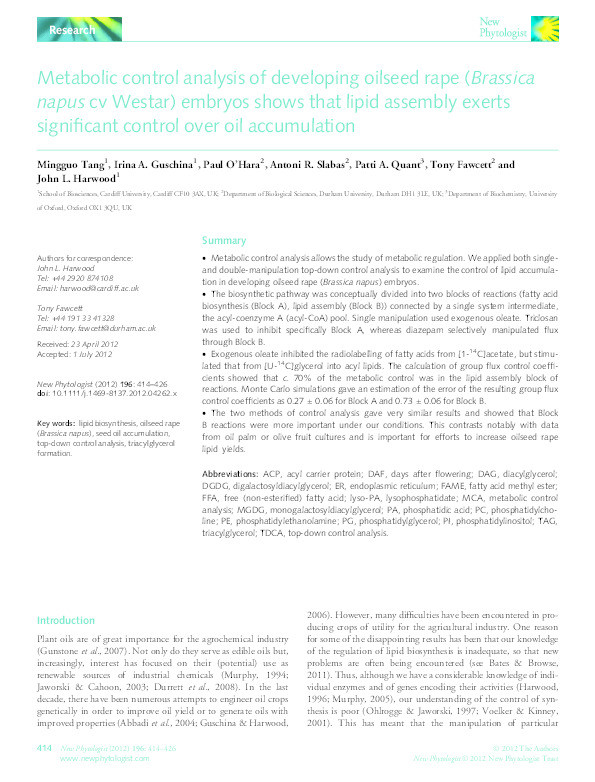 Metabolic control analysis of developing oilseed rape (Brassica napus cv Westar) embryos shows that lipid assembly exerts significant control over oil accumulation Thumbnail