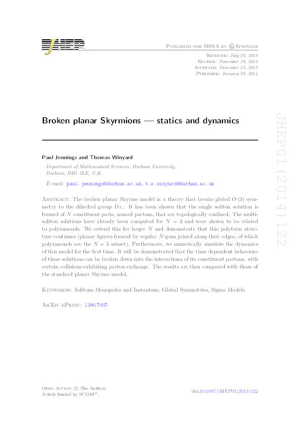 Broken planar Skyrmions — statics and dynamics Thumbnail