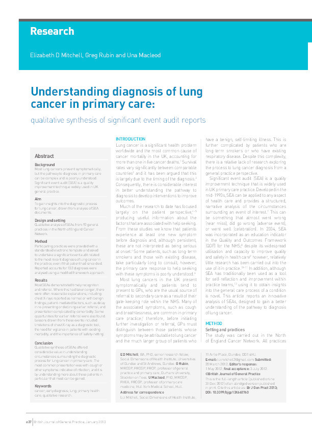 Understanding diagnosis of lung cancer in primary care: qualitative synthesis of significant event audit reports Thumbnail