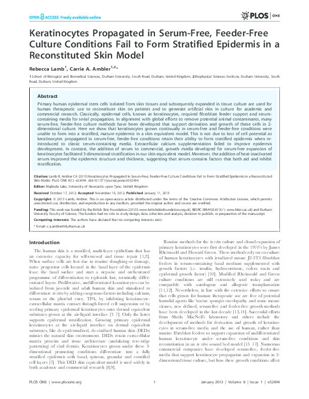 Keratinocytes propagated in serum-free, feeder-free culture conditions fail to form stratified epidermis in a reconstituted skin model Thumbnail