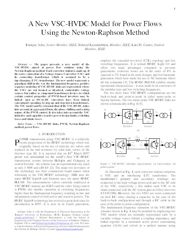 A New VSC-HVDC Model for Power Flows Using the Newton-Raphson Method Thumbnail