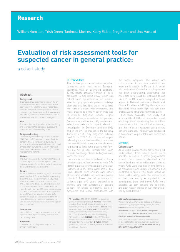 Evaluation of risk assessment tools for suspected cancer in general practice: a cohort study Thumbnail