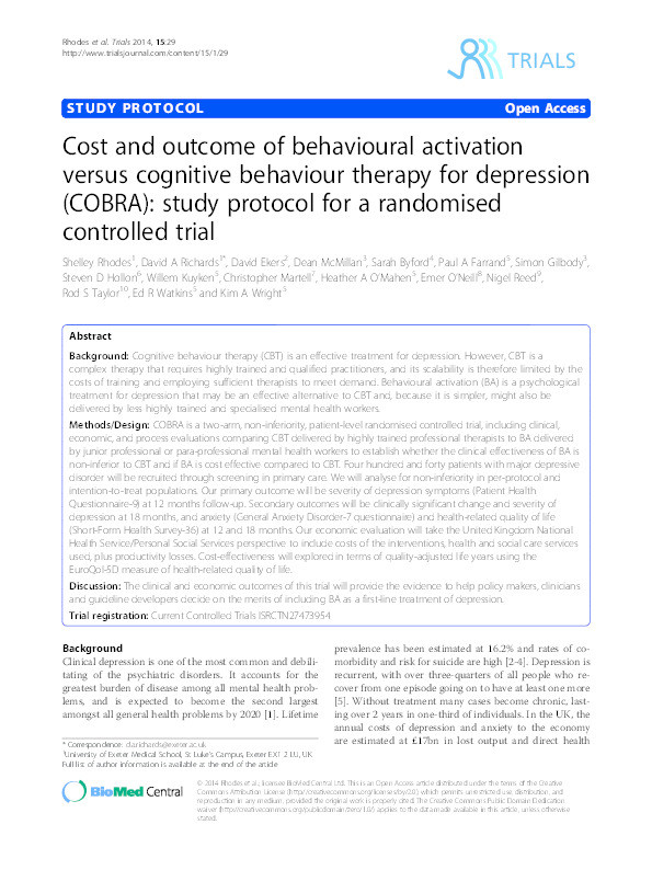 Cost and outcome of behavioural activation versus cognitive behaviour therapy for depression (COBRA): study protocol for a randomised controlled trial Thumbnail