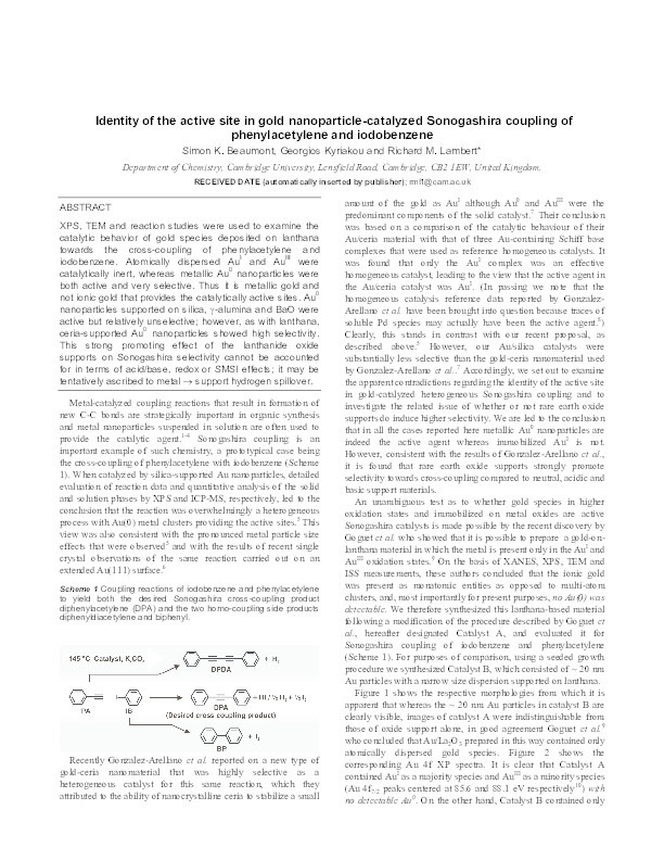 Identity of the Active Site in Gold Nanoparticle-Catalyzed Sonogashira Coupling of Phenylacetylene and Iodobenzene Thumbnail
