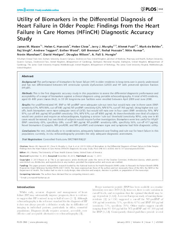 Utility of Biomarkers in the Differential Diagnosis of Heart Failure in Older People: Findings from the Heart Failure In Care Homes (HFinCH) Diagnostic Accuracy Study Thumbnail