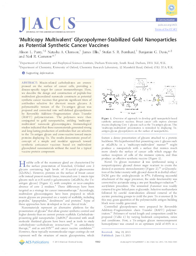 ‘Multicopy Multivalent’ Glycopolymer-Stabilized Gold Nanoparticles as Potential Synthetic Cancer Vaccines Thumbnail