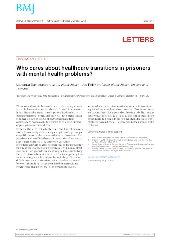 Who cares about healthcare transitions in prisoners with mental health problems? Thumbnail