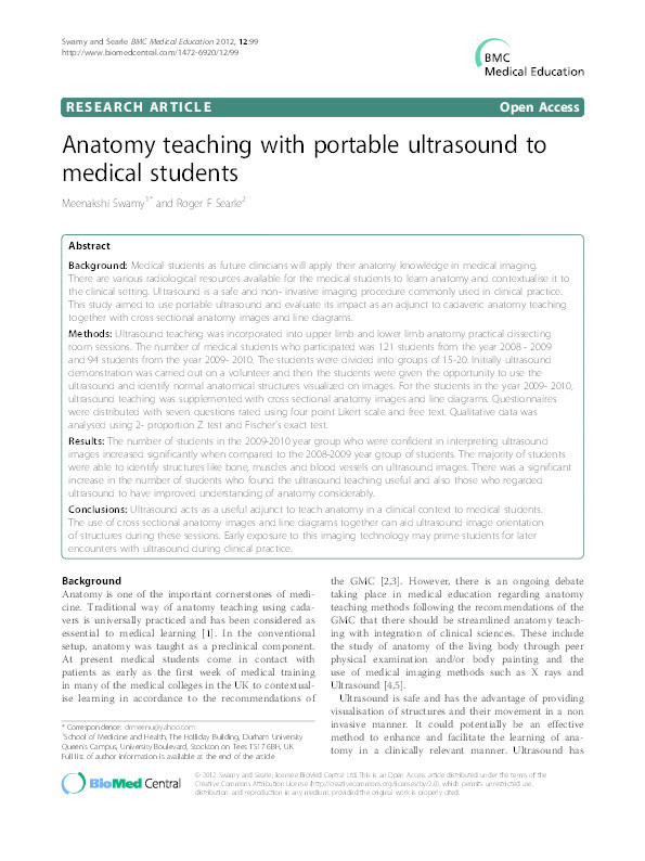 Anatomy teaching with portable ultrasound to medical students Thumbnail