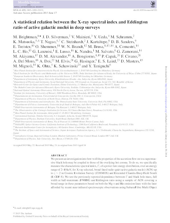 A statistical relation between the X-ray spectral index and Eddington ratio of active galactic nuclei in deep surveys Thumbnail