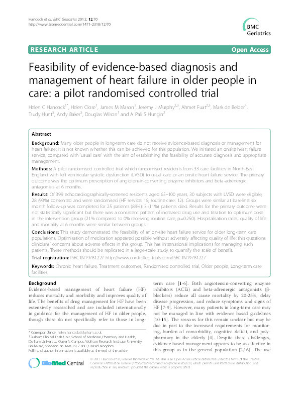 Feasibility of evidence-based diagnosis and management of heart failure in older people in care: a pilot randomised controlled trial Thumbnail