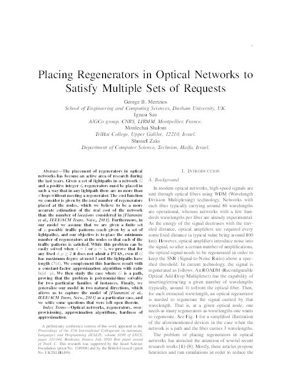 Placing regenerators in optical networks to satisfy multiple sets of requests Thumbnail