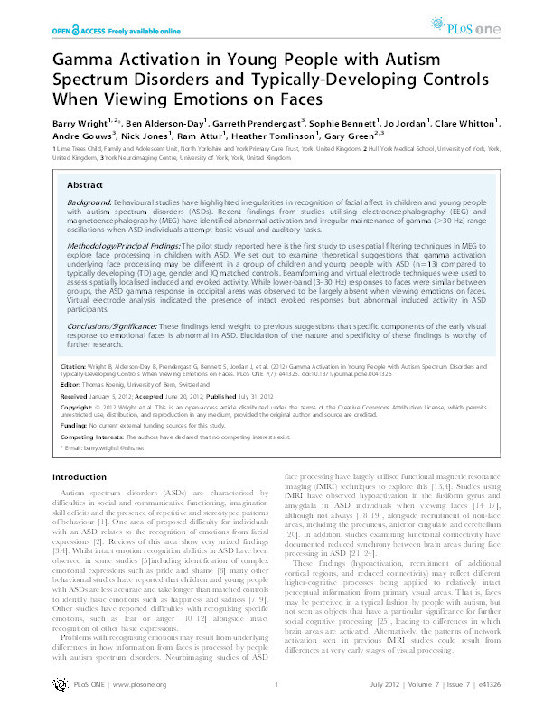 Gamma activation in young people with autism spectrum disorders and typically-developing controls when viewing emotions on faces Thumbnail