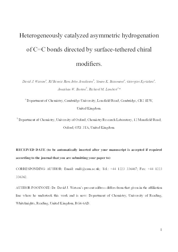 Heterogeneously Catalyzed Asymmetric Hydrogenation of C=C Bonds Directed by Surface-Tethered Chiral Modifiers Thumbnail