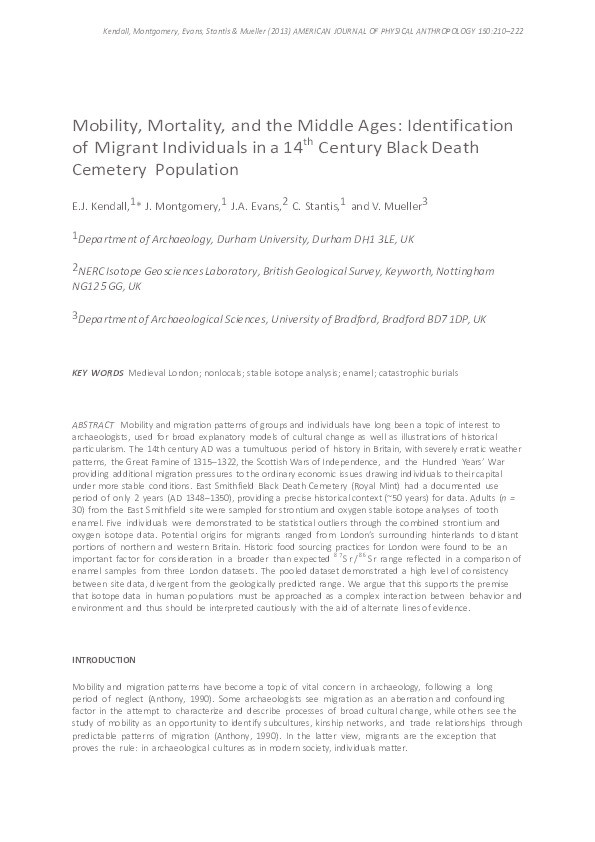 Mobility, Mortality, and the Middle Ages: Identification of Migrant Individuals in a 14th Century Black Death Cemetery Population Thumbnail