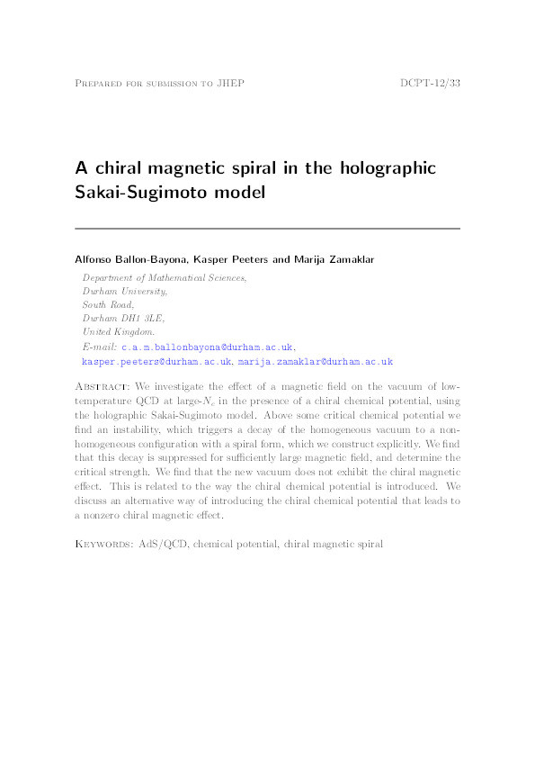 A chiral magnetic spiral in the holographic Sakai-Sugimoto model Thumbnail