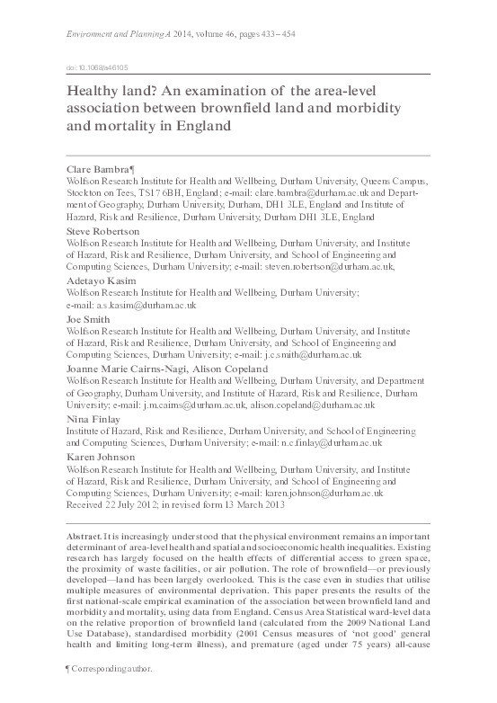 Healthy land? An examination of the area-level association between brownfield land and morbidity and mortality in England Thumbnail