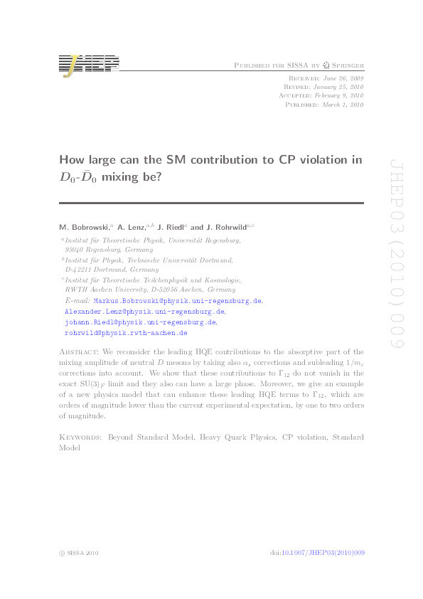 How large can the SM contribution to CP violation in D0 − D0 mixing be? Thumbnail