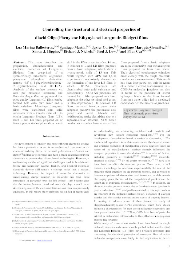 Controlling the Structural and Electrical Properties of Diacid Oligo(Phenylene Ethynylene) Langmuir-Blodgett Films Thumbnail