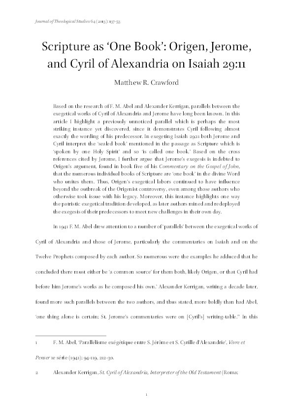 “Scripture as 'One Book': Origen, Jerome, and Cyril of Alexandria on Isaiah 29:11" Thumbnail