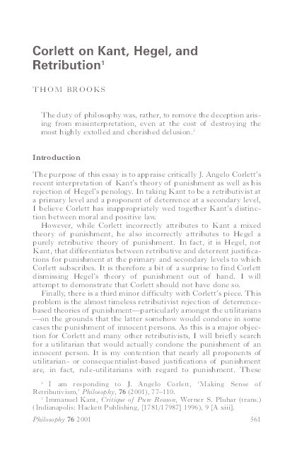 Corlett on Kant, Hegel and Retribution Thumbnail