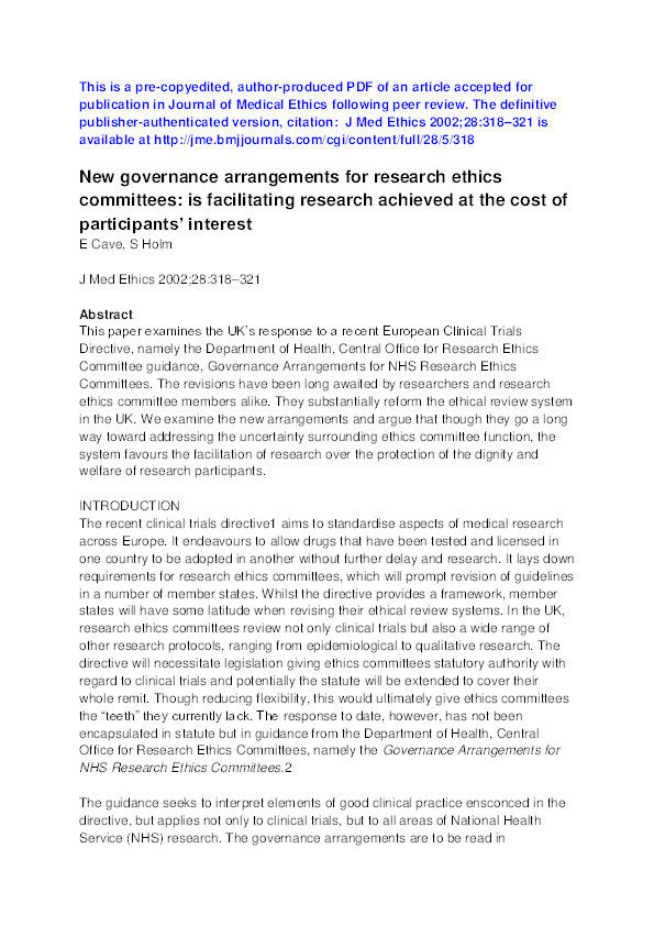 New Governance Arrangements for Research Ethics Committees: Is Facilitating Research Achieved at the Cost of Participants' Interest Thumbnail