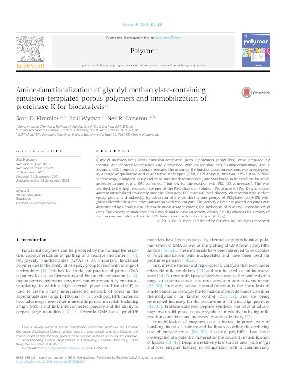 Amine-functionalization of glycidyl methacrylate-containing emulsion-templated porous polymers and immobilization of proteinase K for biocatalysis Thumbnail