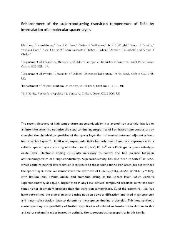 Enhancement of the superconducting transition temperature of FeSe by intercalation of a molecular spacer layer Thumbnail