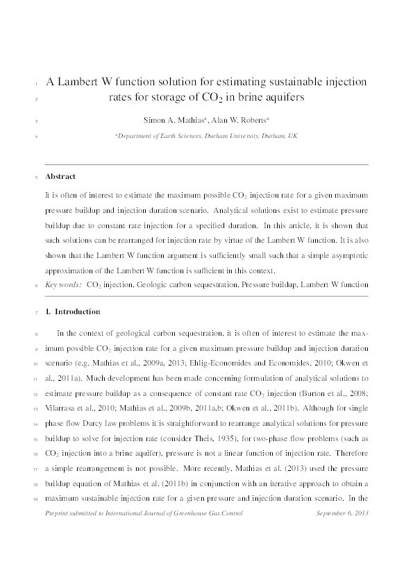 A Lambert W function solution for estimating sustainable injection rates for storage of CO2 in brine aquifers Thumbnail