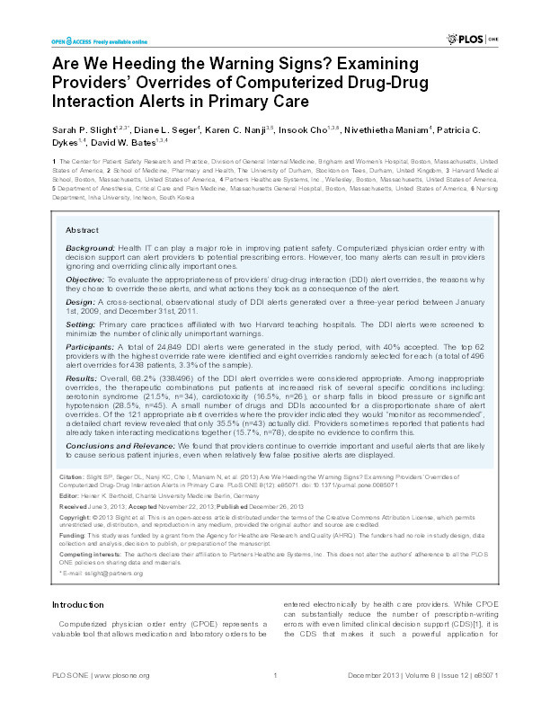 Are we heeding the warning signs? Examining providers' overrides of computerized drug-drug interaction alerts in primary care Thumbnail