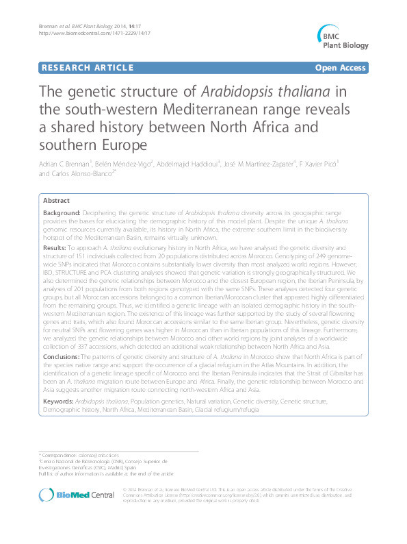 The genetic structure of Arabidopsis thaliana in the south-western Mediterranean range reveals a shared history between North Africa and southern Europe Thumbnail