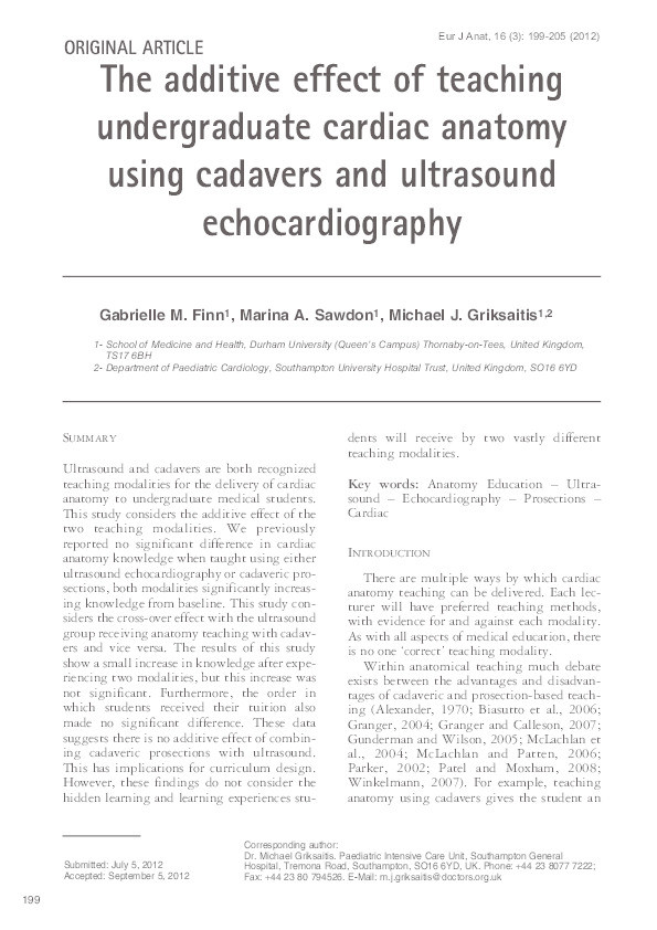 The additive effect of teaching undergraduate cardiac anatomy using cadavers and ultrasound echocardiography Thumbnail