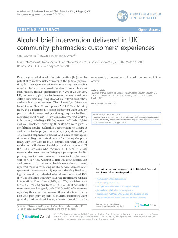 Alcohol brief intervention delivered in UK community pharmacies: customers’ experiences Thumbnail