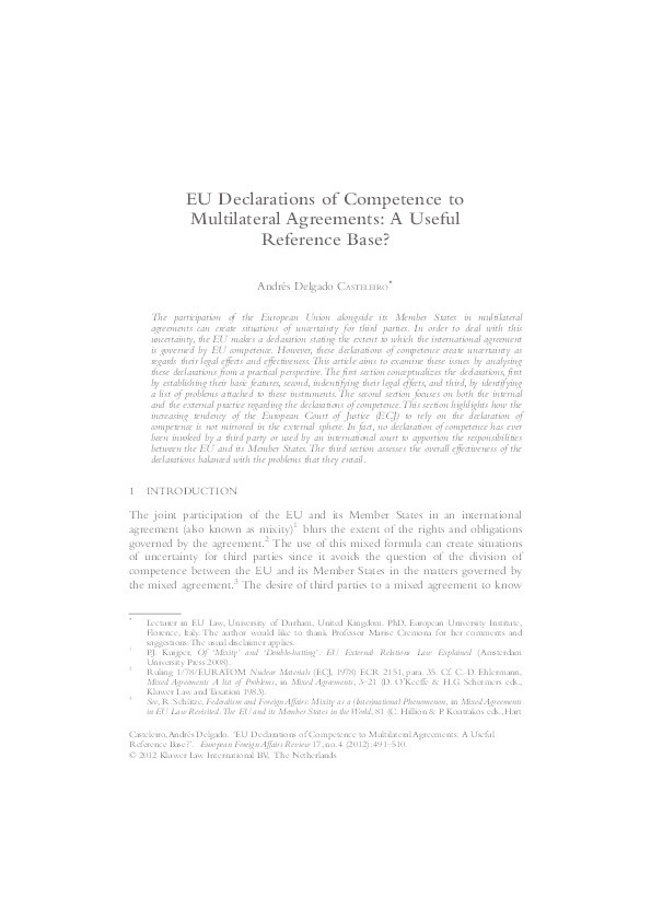 EU Declarations of Competence to Multilateral Agreements: A Useful Reference Base? Thumbnail