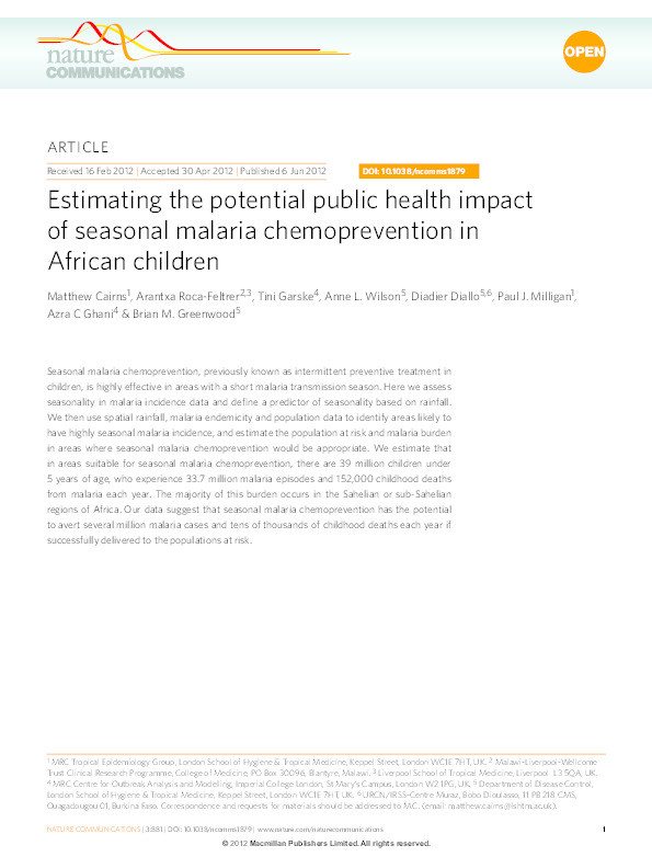 Estimating the potential public health impact of seasonal malaria chemoprevention in African children Thumbnail