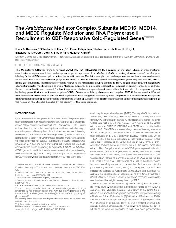 The Arabidopsis Mediator complex subunits MED16, MED14 and MED2 regulate Mediator and RNA polymerase II recruitment to CBF-responsive cold-regulated genes Thumbnail