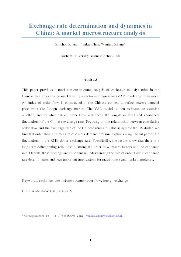 Exchange Rate Determination and Dynamics in China: A Market Microstructure Analysis Thumbnail
