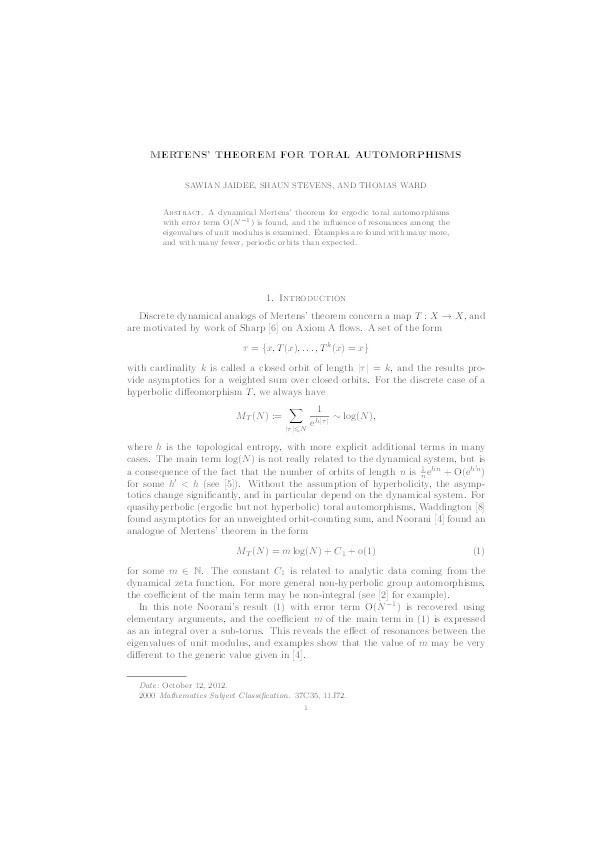 Mertens' theorem for toral automorphisms Thumbnail
