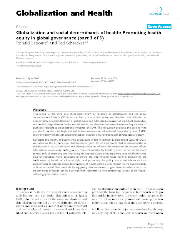 Globalization and social determinants of health : promoting health equity in global governance (part 3 of 3) Thumbnail