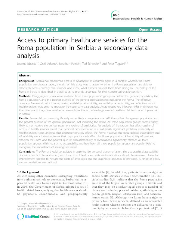 Access to primary healthcare services for the Roma population in Serbia : a secondary data analysis Thumbnail