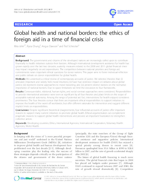 Global health and national borders : the ethics of foreign aid in a time of financial crisis Thumbnail