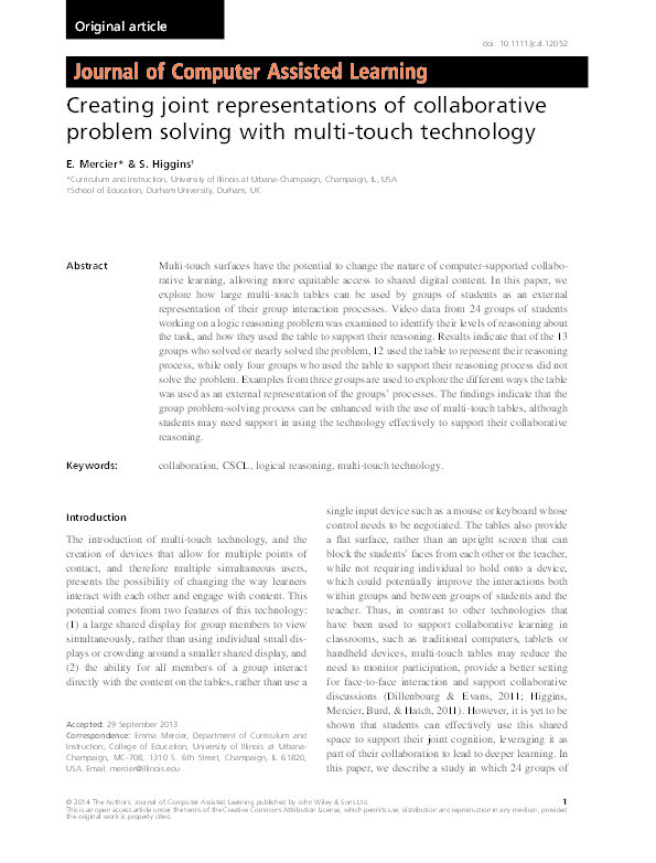 Creating Joint Representations of Collaborative Problem Solving with Multi-touch Technology Thumbnail