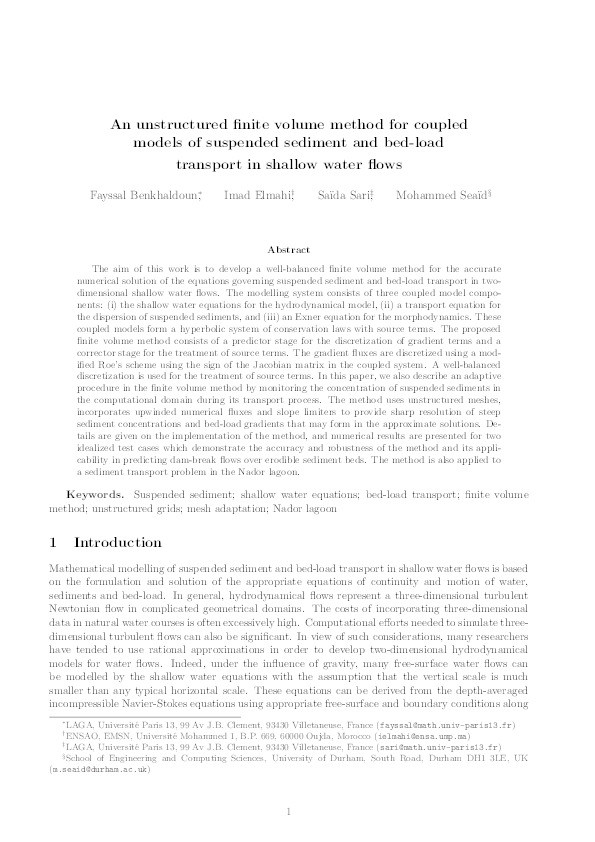 An unstructured finite-volume method for coupled models of suspended sediment and bed load transport in shallow-water flows Thumbnail