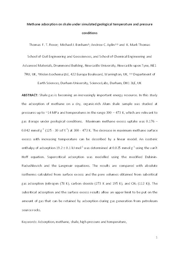 Methane adsorption on shale under simulated geological temperature and pressure conditions Thumbnail