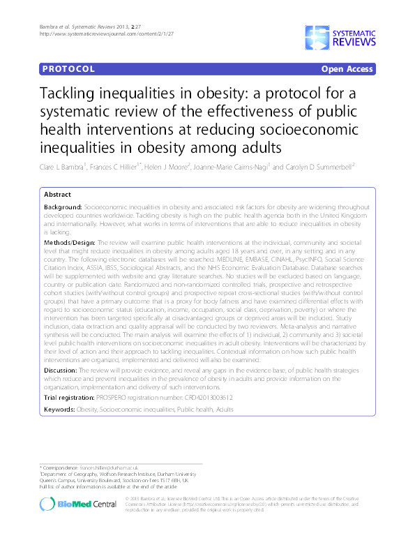 Tackling inequalities in obesity: a protocol for a systematic review of the effectiveness of public health interventions at reducing socioeconomic inequalities in obesity among adults Thumbnail