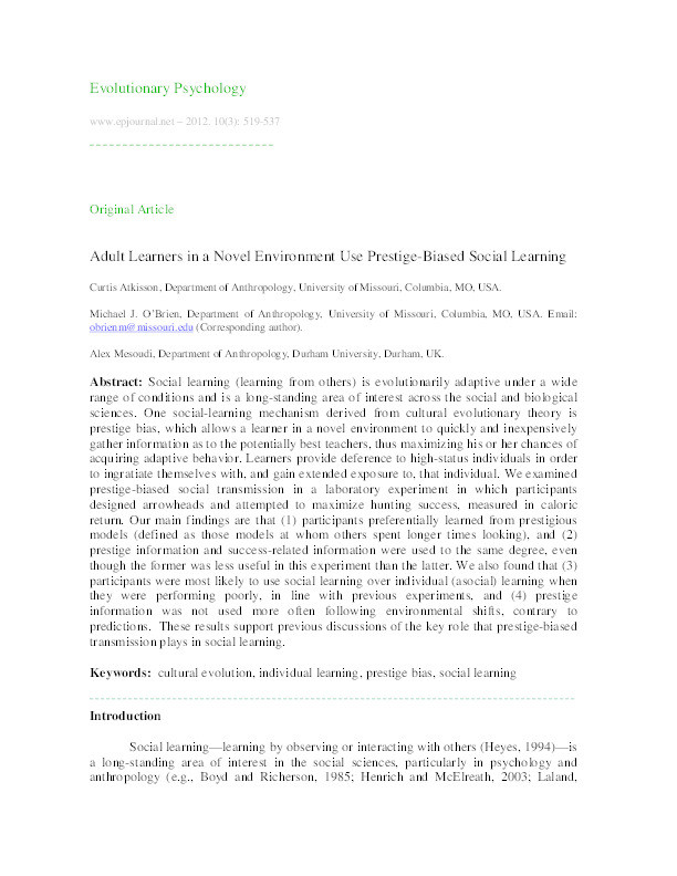 Adult Learners in a Novel Environment Use Prestige-Biased Social Learning Thumbnail