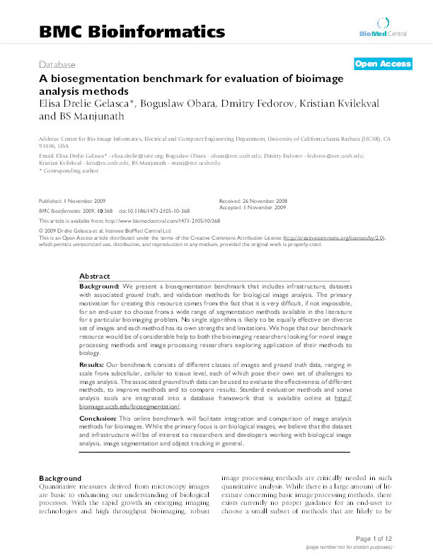 A biosegmentation benchmark for evaluation of bioimage analysis methods Thumbnail