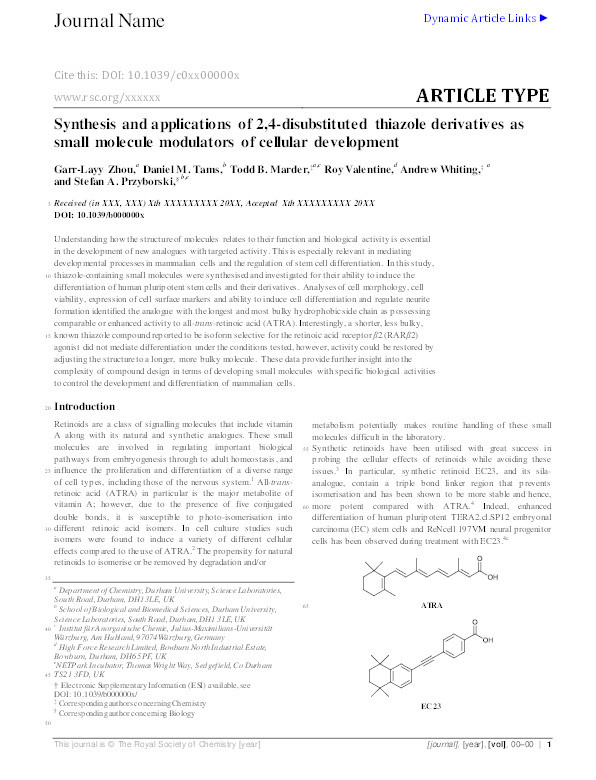 Synthesis and applications of 2,4-disubstituted thiazoles derivatives as small molecule modulators of cellular development Thumbnail